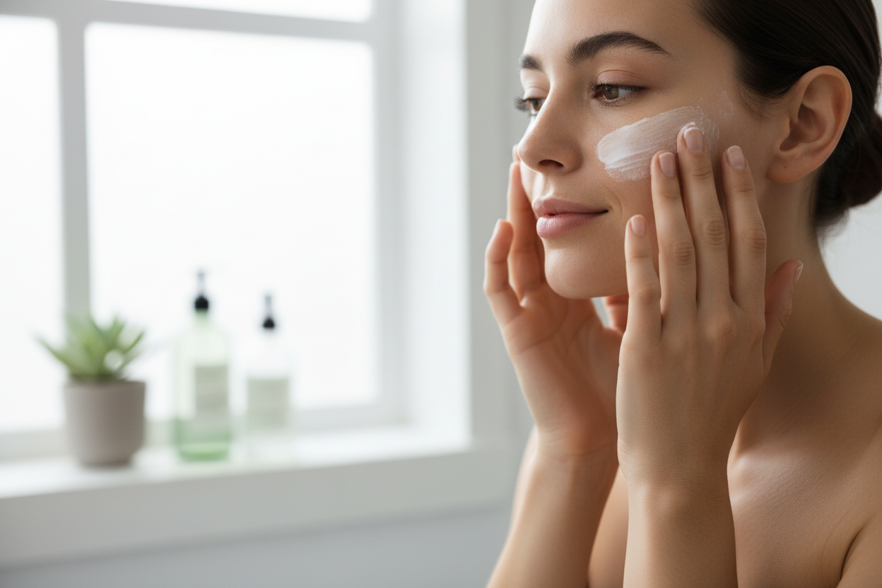 mujer atractiva aplicandose una crema 